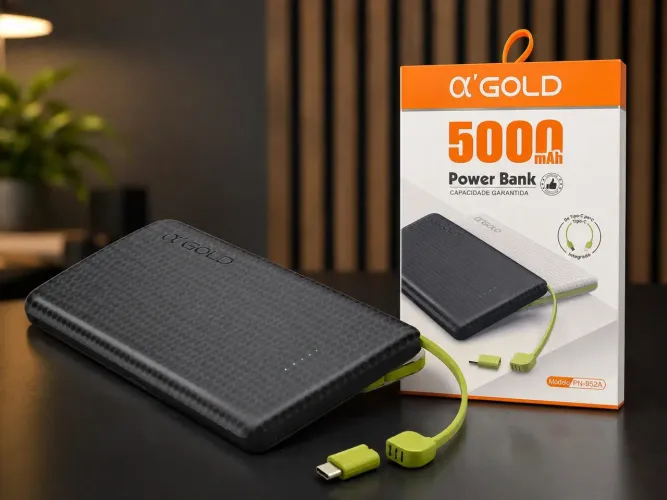 Power Bank 5000mAh com Cabo Tipo-C Integrado Gold