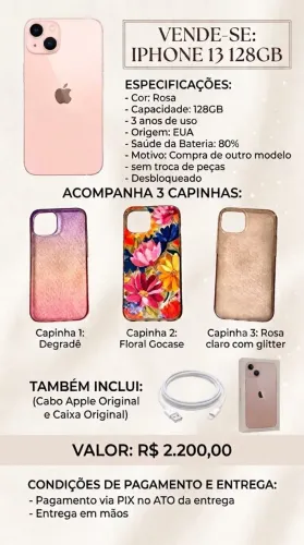 iPhone 13 128GB Rosa + 3 Capinhas + Caixa Original 