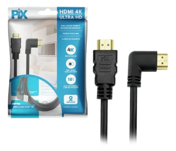 Cabo HDMI 2.0 Pix, 4K HDR 19 Pinos, 2m, Plug 90°, Preto - 018-3322