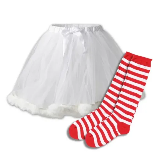 Fantasia de Mamãe Noel, Saia de Tule Vermelha ou Branca e Meia Listrada, Fantasia Cosplay