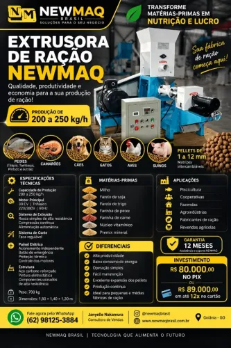 Extrusora de ração (para peixes, cães e gatos)capacidade 250kg/hr c/6 discos de medidas