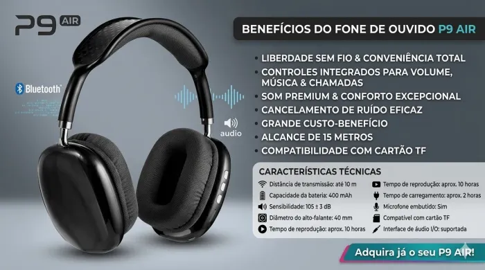     ? Fone Bluetooth P9 AIR Premium + Frete Grátis ?