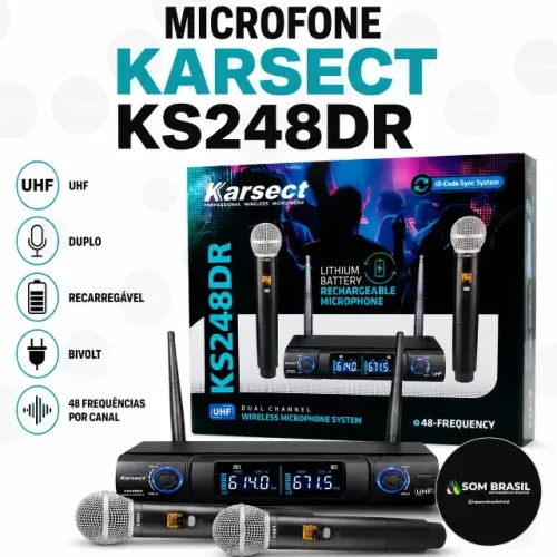 Microfone Sem Fio Karsect Ks248dr Duplo De Mão Recarr