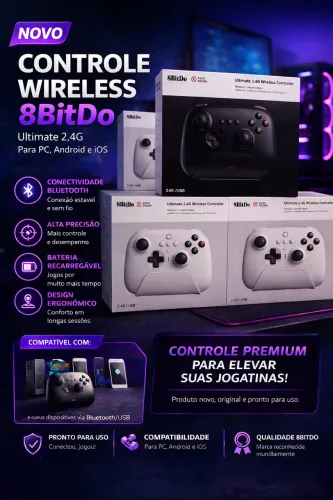 Controle Wireless 8BitDo Ultimate 2.4G para PC, Android e iOS - Com Bluetooth Novo