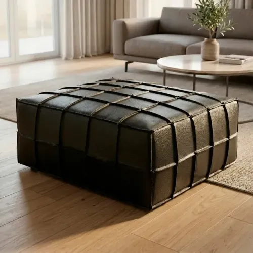 Puff Premium Luxo 90x90cm Couro Natural Legítimo Preto