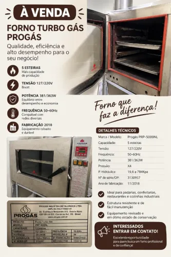 Forno Turbo a Gás Progás PRP-5000NL 5 Esteiras - Funcionando 100%