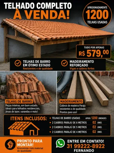 Telhado Usado - 1.200 Telhas Colônial + caibros - R$ 579