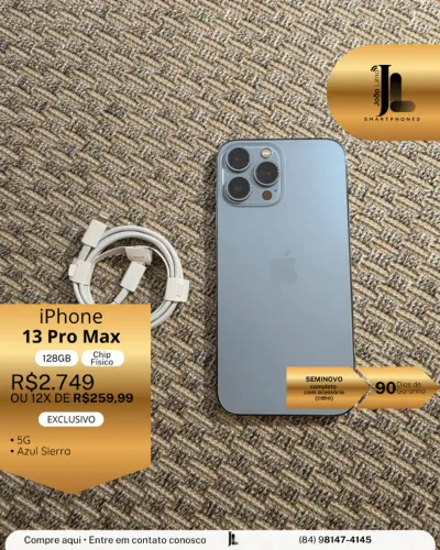 IPHONE 13 PRO MAX, 128GB, 5G, CHIP FÍSICO, AZUL SIERRA, SEMINOVO, EXCLUSIVO!