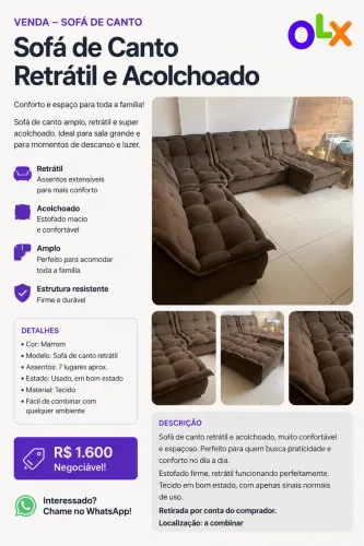 Sofá de Canto Retrátil e Acolchoado