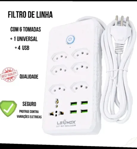 Régua Filtro de Linha Com 7 Tomadas Extensão Elétrica 1 Universal 4 Usb Bivolt 10A
