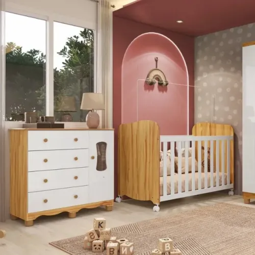 Comoda Luna + Berço Americano Lumi, 100% MDF - Peroba