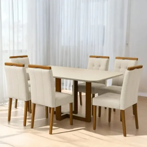 Mesa Atlas Mel/Off White Canto Copo 160×80 com 6 Cadeiras Pronta Entrega