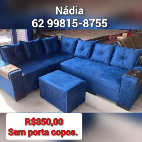 Sofá de Canto Azul com Puff - R$850,00
