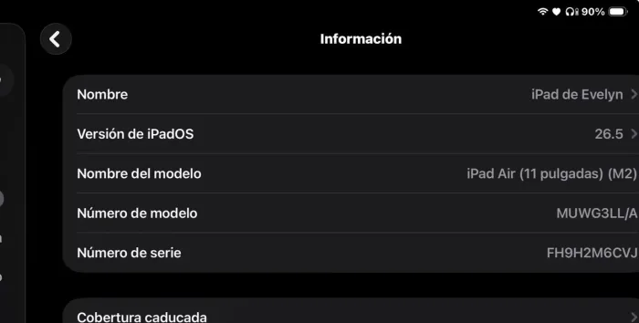 iPad Air (11 pulgadas) (M2)<br>Nombre del modelo Número de modelo<br>MUWG
