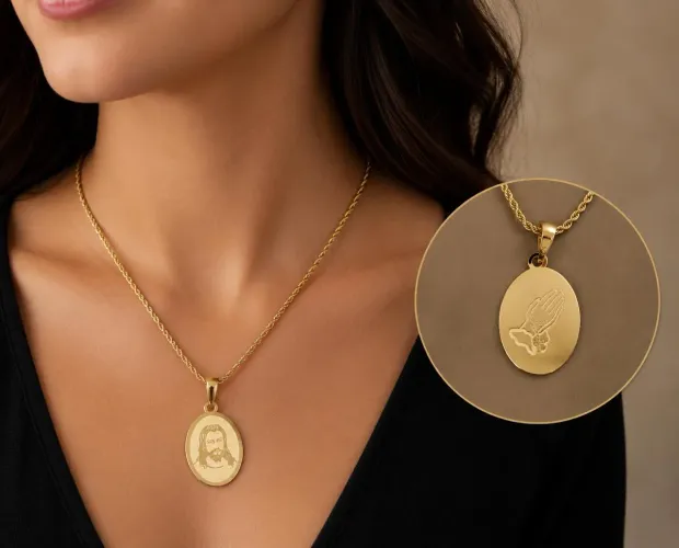 Conjunto Trancelim e Medalha Dupla Face em Ouro 18K 750