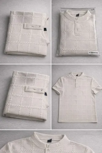 ? Camisa Polo Masculina Bege Texturizada - Nova