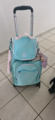 Bolsa para escola kipling de rodinhas + lancheira na cor azul e rosa