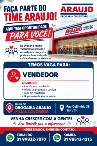 Vaga disponível para vendedor de medicamentos e perfumaria.