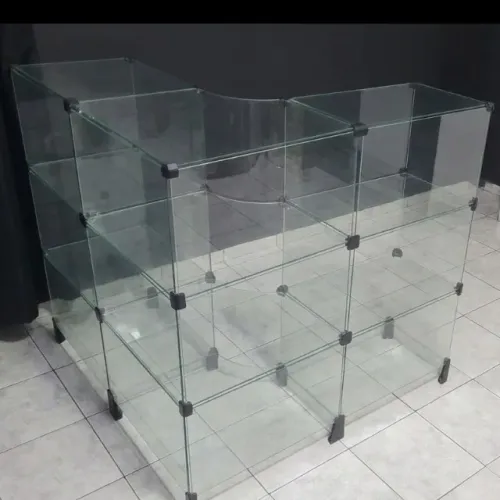 Balcão Vitrine em L 9 Nichos Vidro Temperado 1m x 1m x 1m
