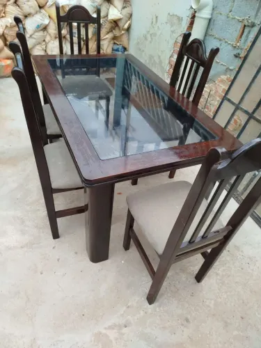 Mesa Jantar Madeira e Tampo de Vidro 5 Cadeiras