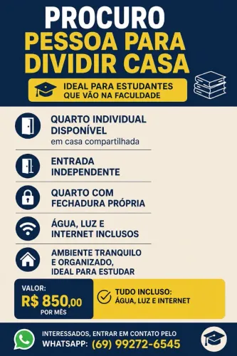  PROCURO ESTUDANTE PARA DIVIDIR CASA