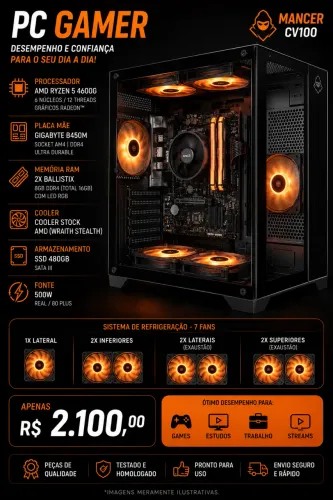 PC Gamer Ryzen 5 4600G | 16GB RGB | SSD 480GB | Mancer CV100