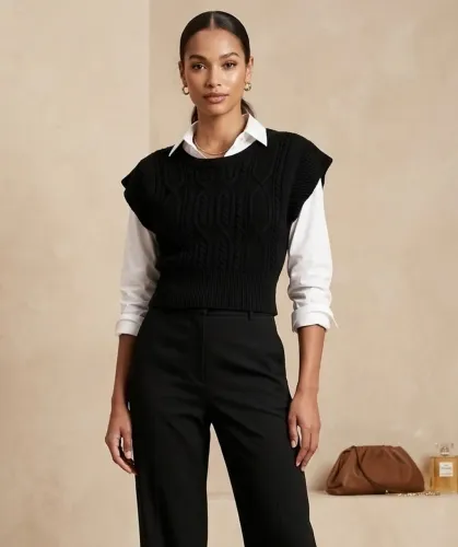 Cropped tam P preto em tricô
