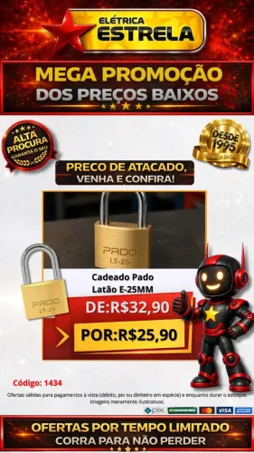 Cadeado Pado Latão E-25mm - Oferta Especial Elétrica Estrela