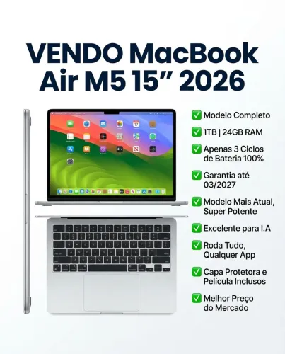 MacBook Air M5 15" (2026) | 24GB RAM | 1TB | Estado de Zero (Apenas 3 Ciclos!)