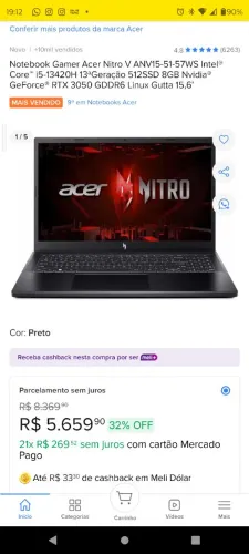 Notebook Gamer Acer Nitro V15 32gb Memória rtx 3050 SSD 512