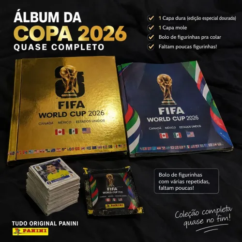 Álbum da copa Capa dura (dourado) e capa mole mais um bolo de figurinha