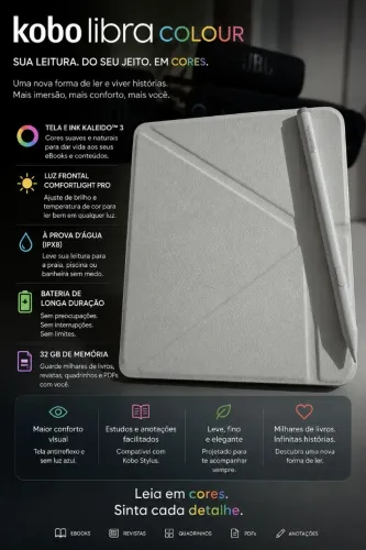 Kobo Libra Colour 7+ Caneta Kobo Stylus 2 + Capa branca inteligente.  