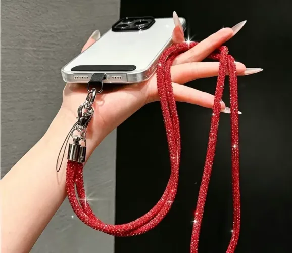 Alça Cordão Salva-Celular Transversal com Strass Brilhante - Luxo, Universal e Anti-Queda