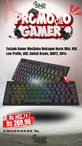 Teclado Mecânico Low Profile Gamer Redragon Horus Mini RGB Preto 60% Switch Brown