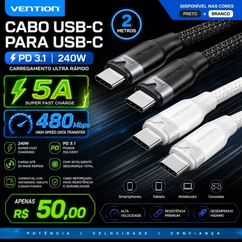 ? CABO VENTION USB-C USB-C 240W PD 3.1 5A 480Mbps - 2 Metros ?