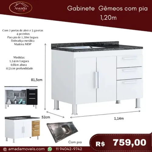 Gabinete Gêmeos com pia1,20m, a pronta entrega