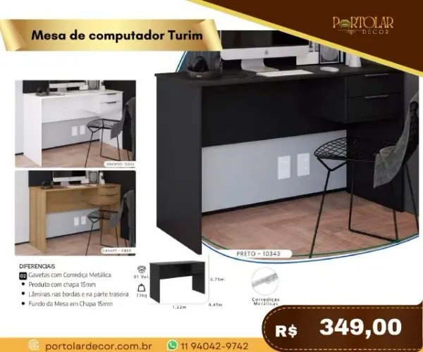 Mesa de computador Turim, a pronta entrega