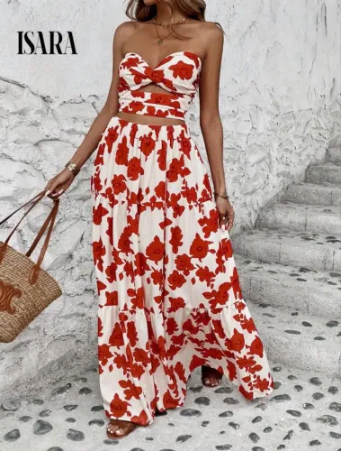 Conjunto Feminino Saia e Cropped Floral