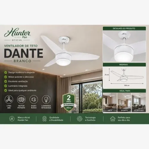Ventilador de Teto Residencial Dante Branco Hunter Fan Oficial
