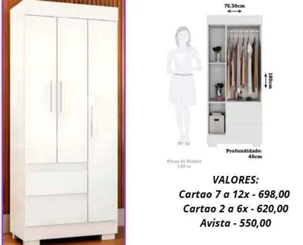 Guarda roupas infantil branco de 03 portas - Queima de estoque