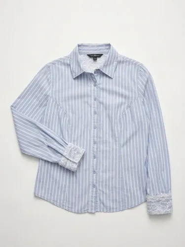 Camisa Social Azul e Branca com Detalhes em Renda - 100% Algodão