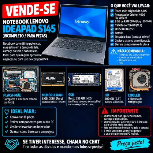 NOTEBOOK LENOVO IDEAPAD S145 ? PARA PEÇAS