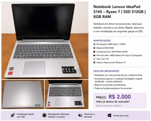 Notebook Lenovo IdeaPad S145 Ryzen 7 | SSD 512GB | 8GB RAM