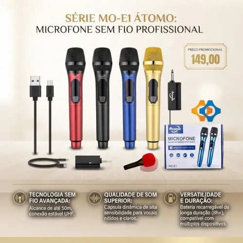 Microfone Sem Fio Duplo Profissional Digital Uhf Recarregável