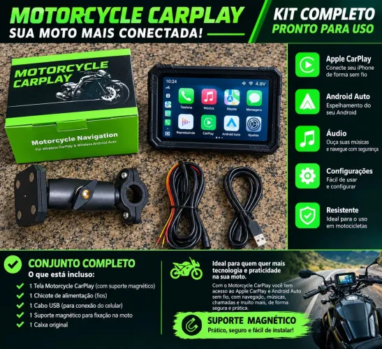 Motorcycle CarPlay para Moto - Apple CarPlay + Android Auto + Suporte Magnético