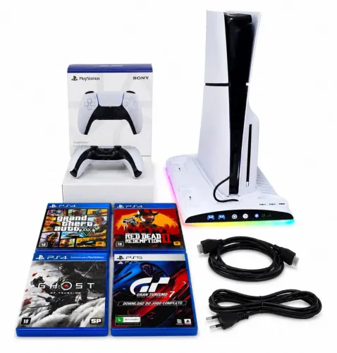 PS5 SLIM 1 TERA C/LEITOR + BASE RESFRIAMENTO E CARREGADOR + CONTROLE + 30 JOGOS + CABOS