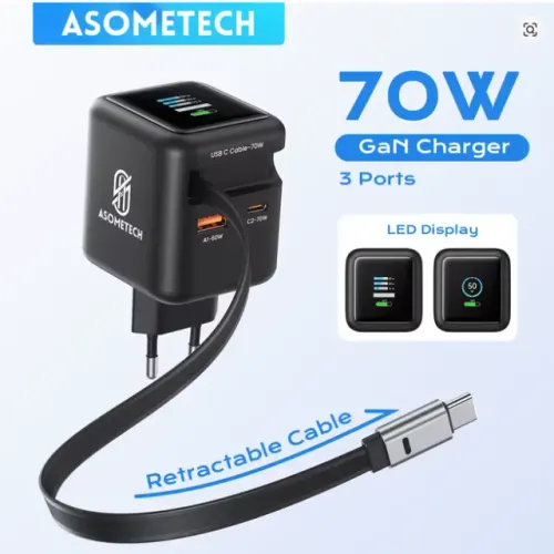 Carregador Turbo 70w 3 Portas Usb-c Pd 3.0 Retrátil Display