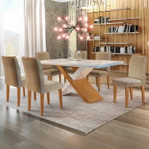 Mesa Imperatriz 180 Canto Copo Imbuia/Off White com 6 Cadeiras tt65