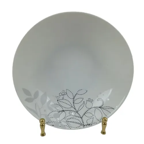 PRATO FUNDO EM PORCELANA BRANCA DECORAÇÃO FOLHAS CINZAS - USADO