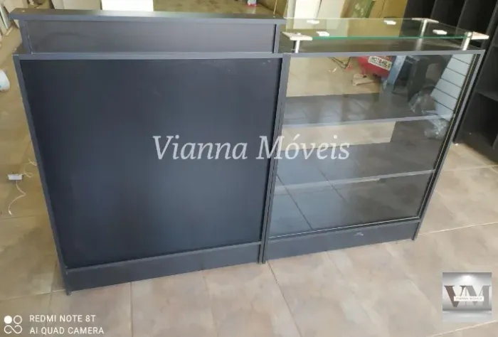 Balcão Caixa + Balcão Vitrine com Tampo de Vidro - Preto
